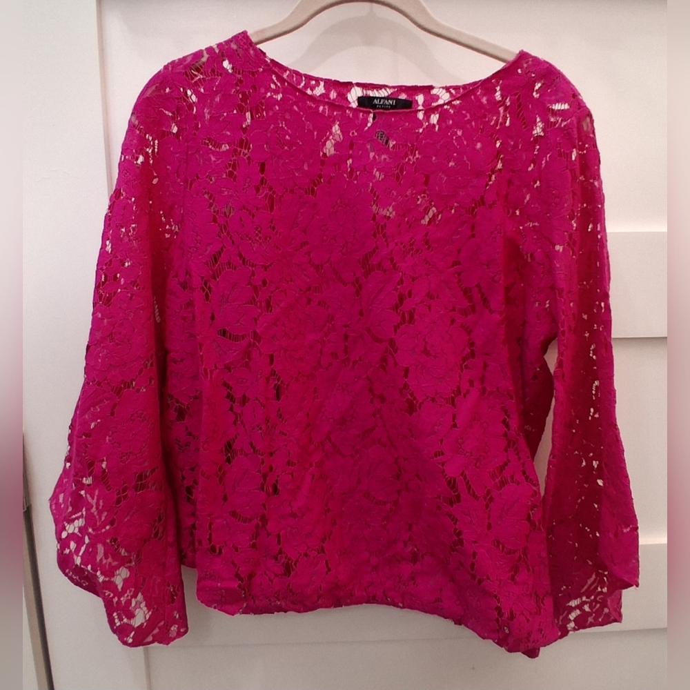Alfani Fucshia Allover Lace Lined Bell Sleeve Top PL